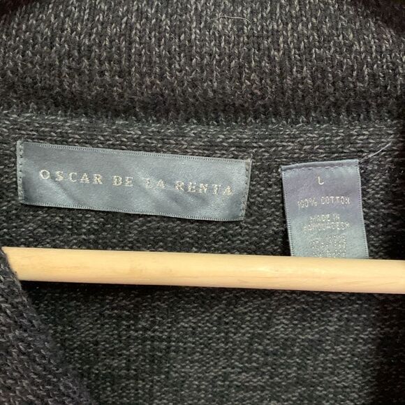 Oscar De La Renta Black Gray Marled Cotton Shawl Collared Sweater Size L - Picture 5 of 10